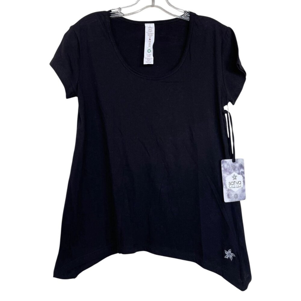 Satva Shirt Womens Size Small S Black Organic Cotton Short Sleeve‎ Asymmetrical